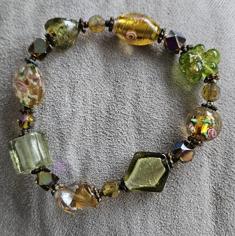 Lampwork Glass Flower Bracelet Crystals Stretch Elastic Vintage